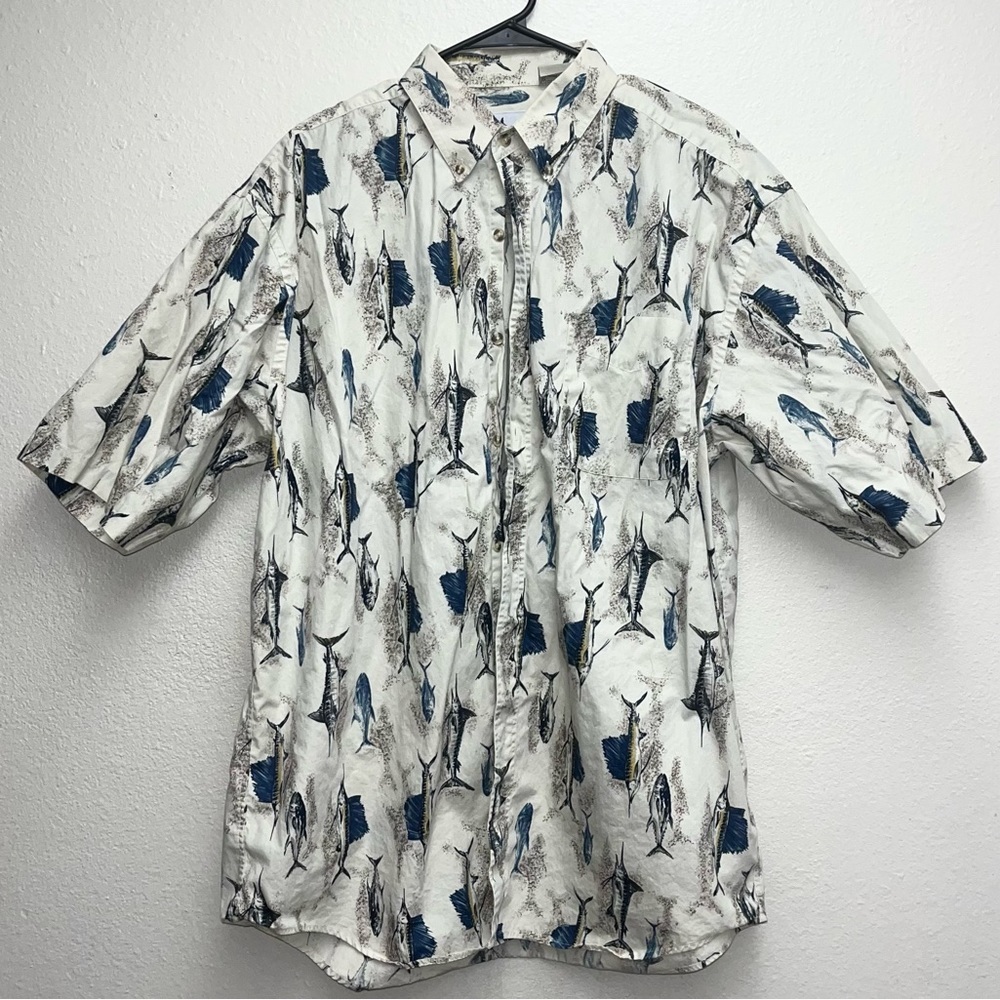 XL World Wide Sports Men’s Shirt Sail Fish & Tuna Print Short Sleeve Button Down